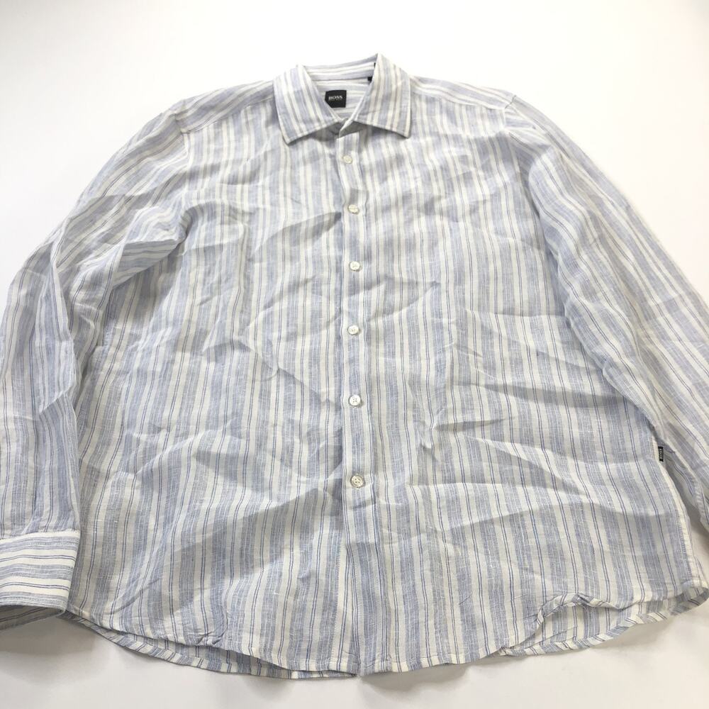 Hugo Boss XL 18/37.5 Button Long Sleeve 100% Linen Striped Shirt Blue Blue STAIN